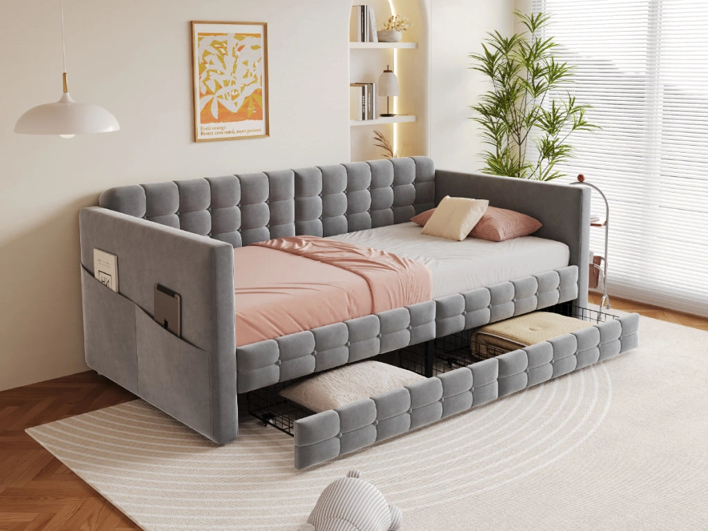 Letto singolo imbottito 90 ¡Á 190 cm con testiera tasche laterali due cassetti rete a doghe velluto grigio