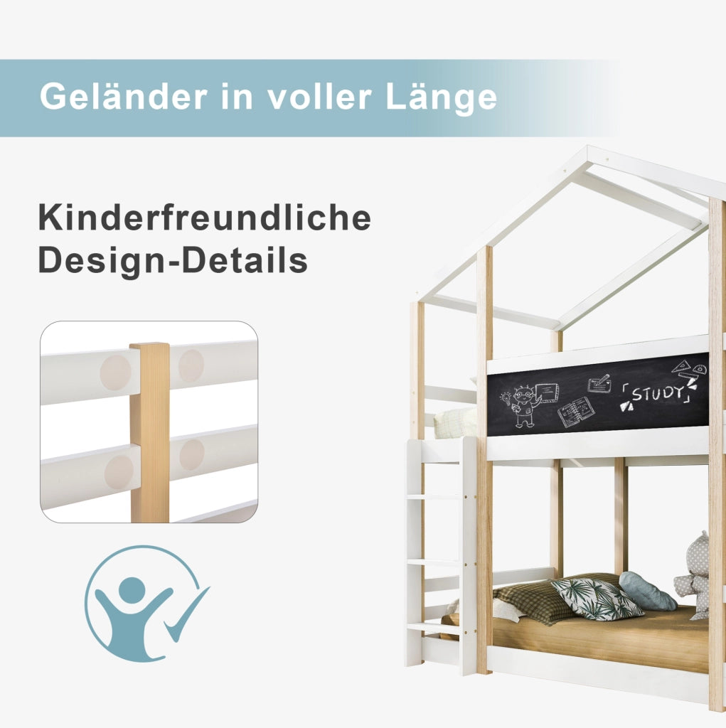Letto a castello per bambini Yeavio 90x200 cm in legno di pino naturale e MDF con scala e rete a doghe