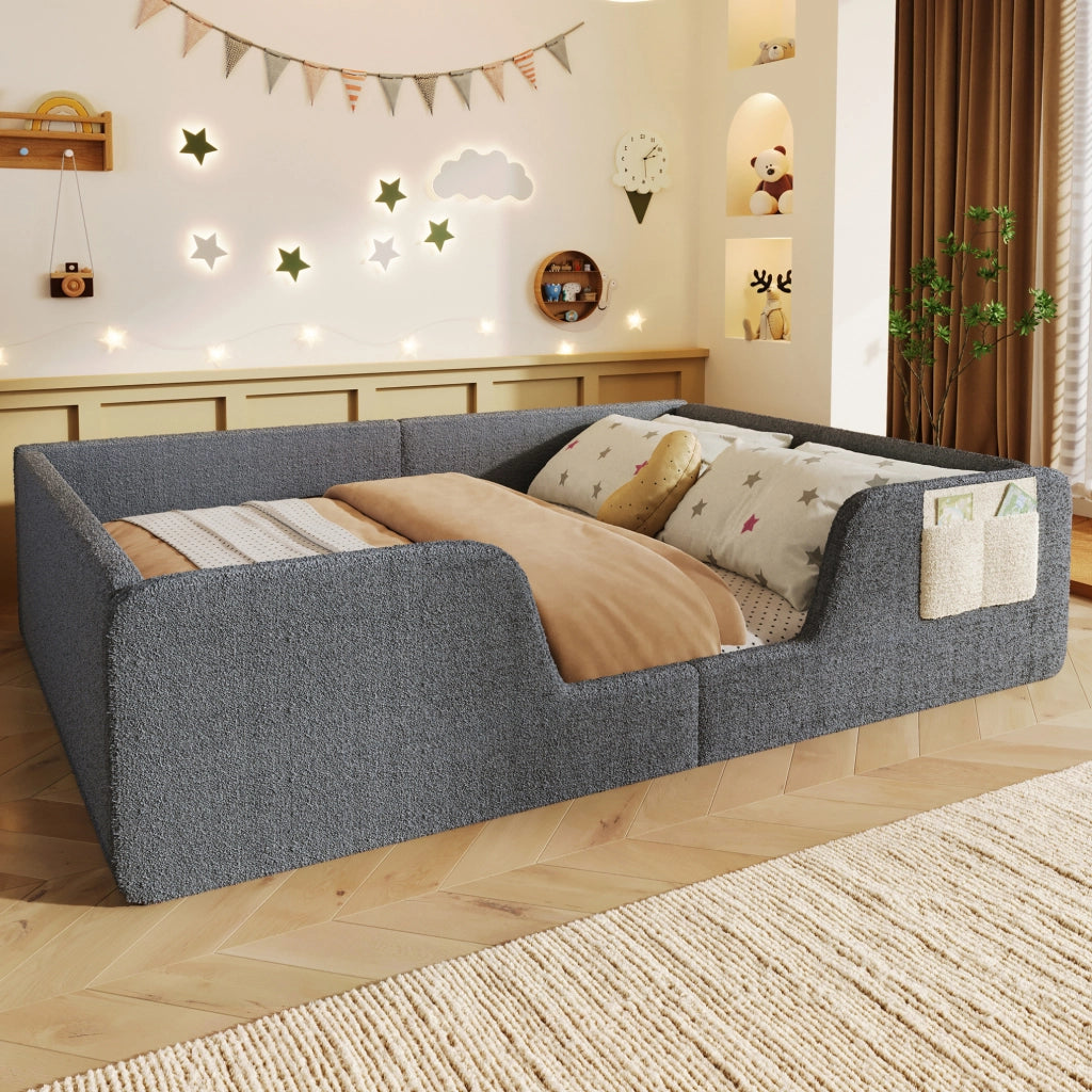 LETTO imbottito 140x190 cm in velluto grigio con sponde rimovibili