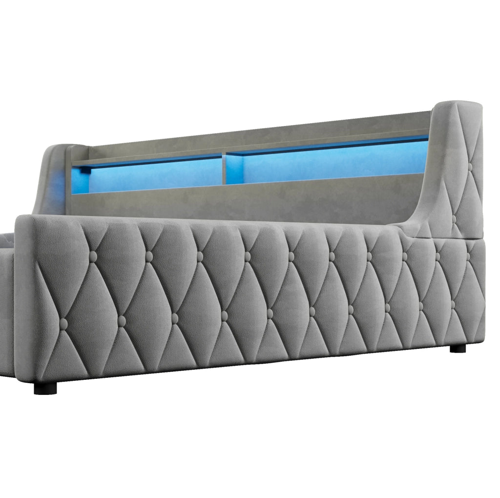 Letto imbottito grigio 140 x 200 cm con vano contenitore e testiera LED