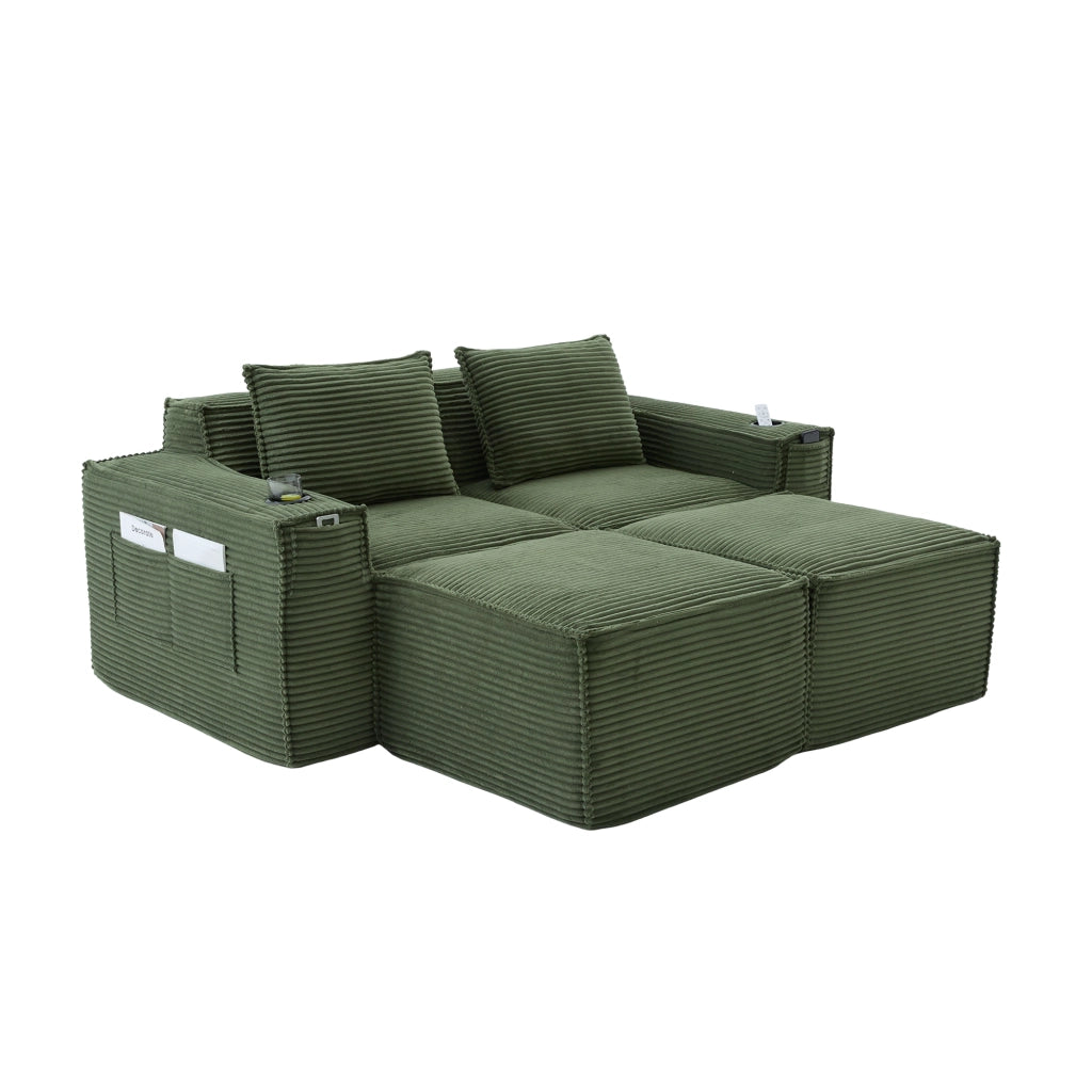 Divano modulare 2 posti con pouf, porta bicchieri e tasche laterali, verde