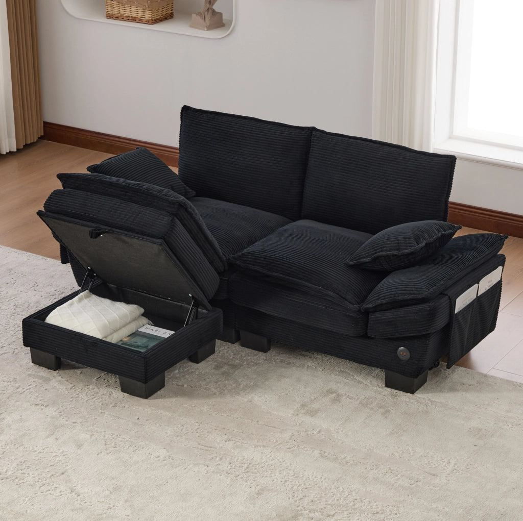 Divano 2 posti modulare in velluto a coste con pouf, struttura ergonomica, schiuma ad alta densità, USB-C, nero