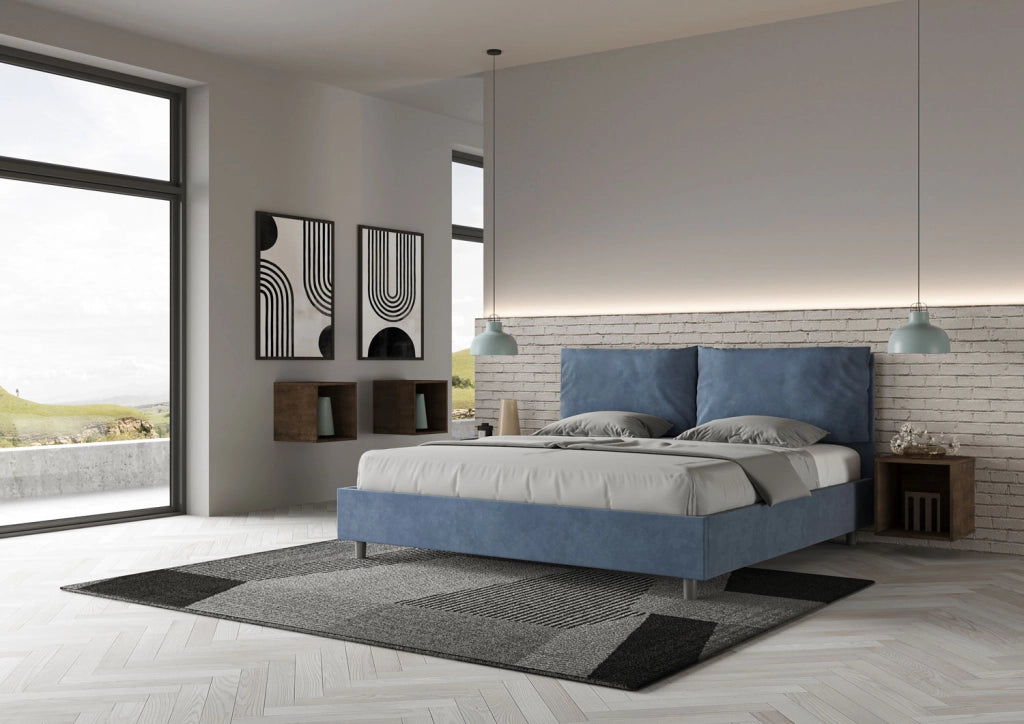 Letto Matrimoniale King Size 200x210 cm Senza Rete Imbottito in Microfibra Antea Large Blu