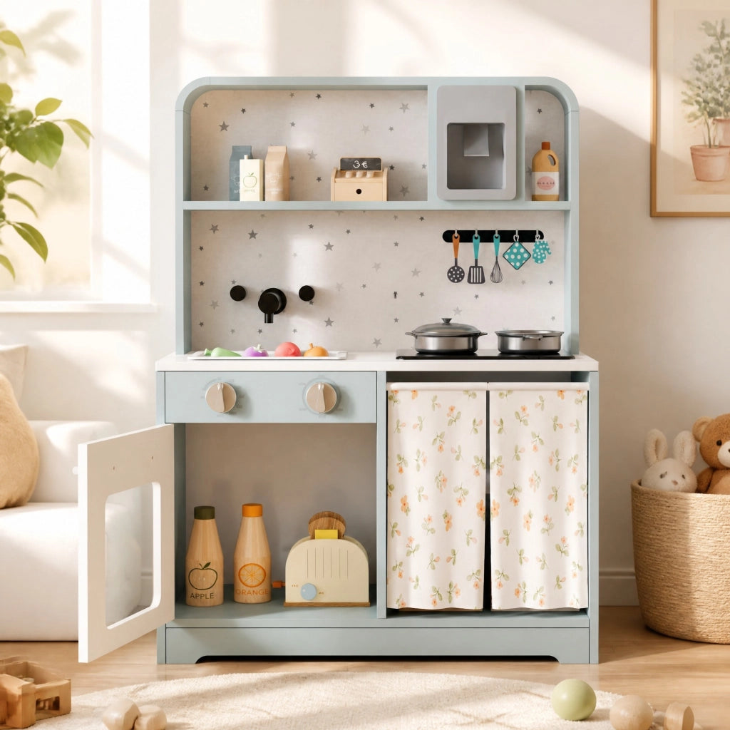 Cucina giocattolo per bambini con erogatore di ghiaccio; microonde e accessori; blu; 29 × 60 × 81 cm