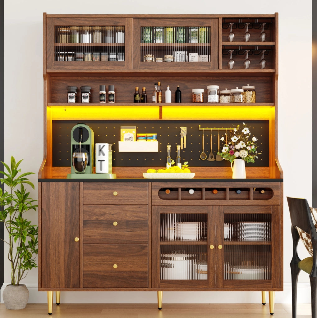 Mobile alto ULEVR 145x39x171 cm in MDF, vetro e metallo con LED smart, ripiani regolabili e vano portabottiglie