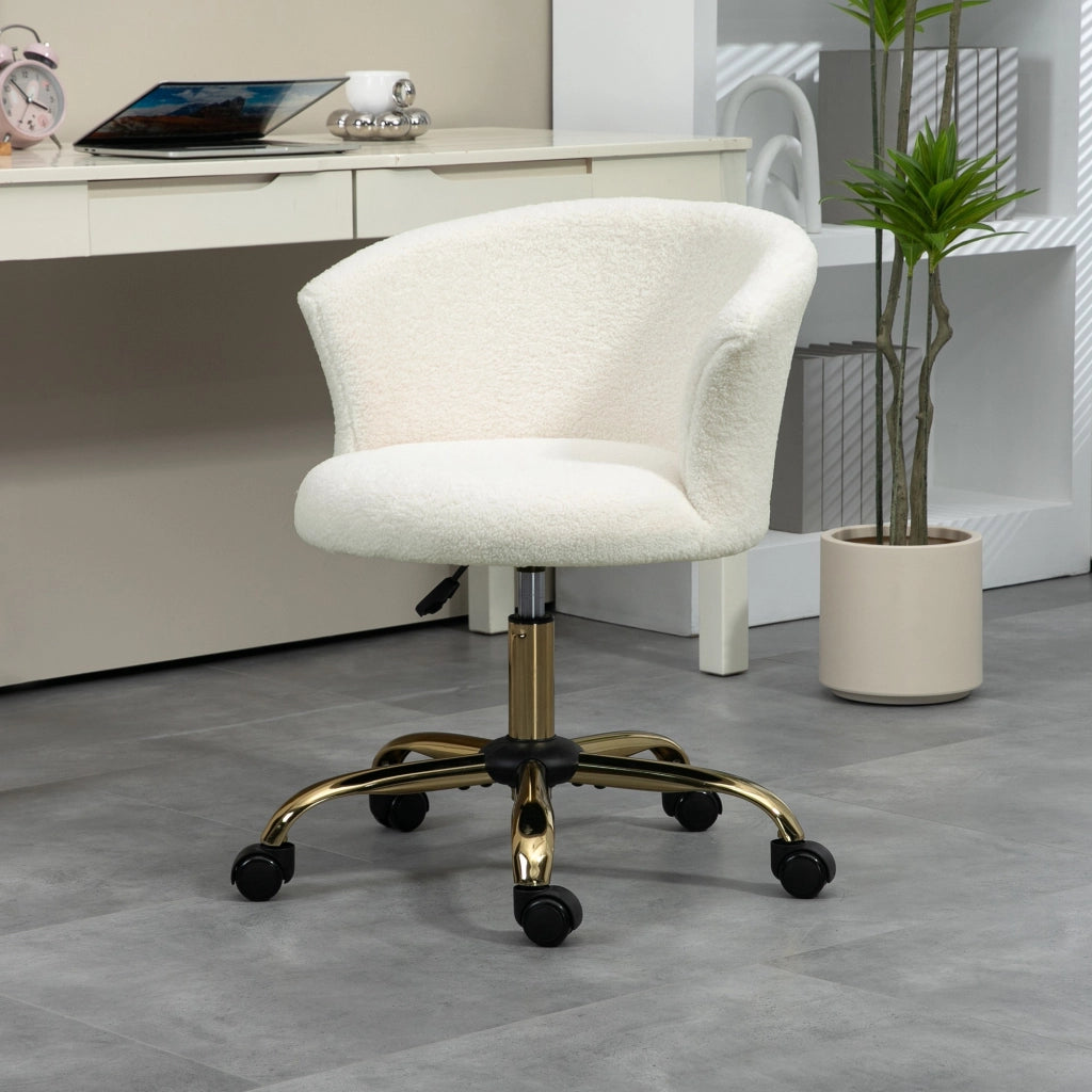 Sedia da Ufficio Regolabile in Altezza con Seduta Girevole e Rivestimento in Velluto Teddy. Bianco e Oro