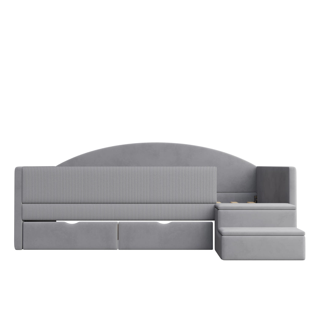 Letto per bambini 90 × 190 cm con 2 cassetti; barriere e gradini; senza materasso; imbottito grigio chiaro