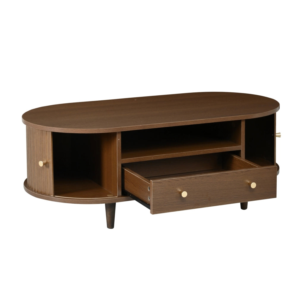 Tavolino da caffè ovale 100x50x36 cm in MDF color noce con 1 cassetto e anta a rullo