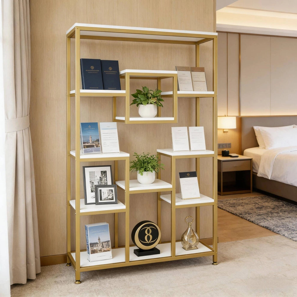 Libreria a Giorno Dorata con Design Geometrico a Cubo, 11 Ripiani, Mobile Espositivo per Libri e Piante