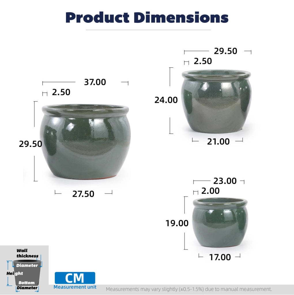 Set di 3 Vasi in Ceramica Artigianale Smaltati Blu-Verde Antico Ø 37/30/23 cm per Giardino e Balcone