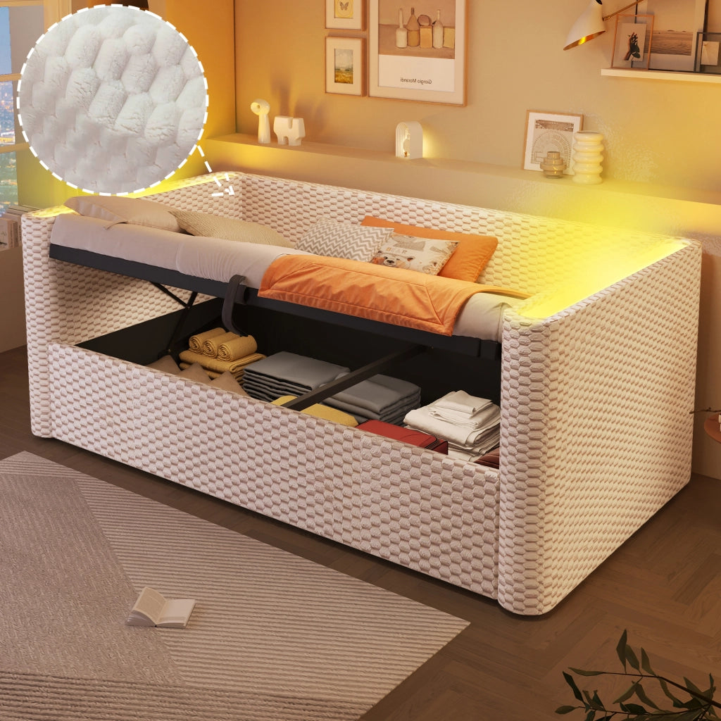 Letto divano singolo 90 x 200 cm con contenitore idraulico e LED multicolore; velluto e MDF; grigio