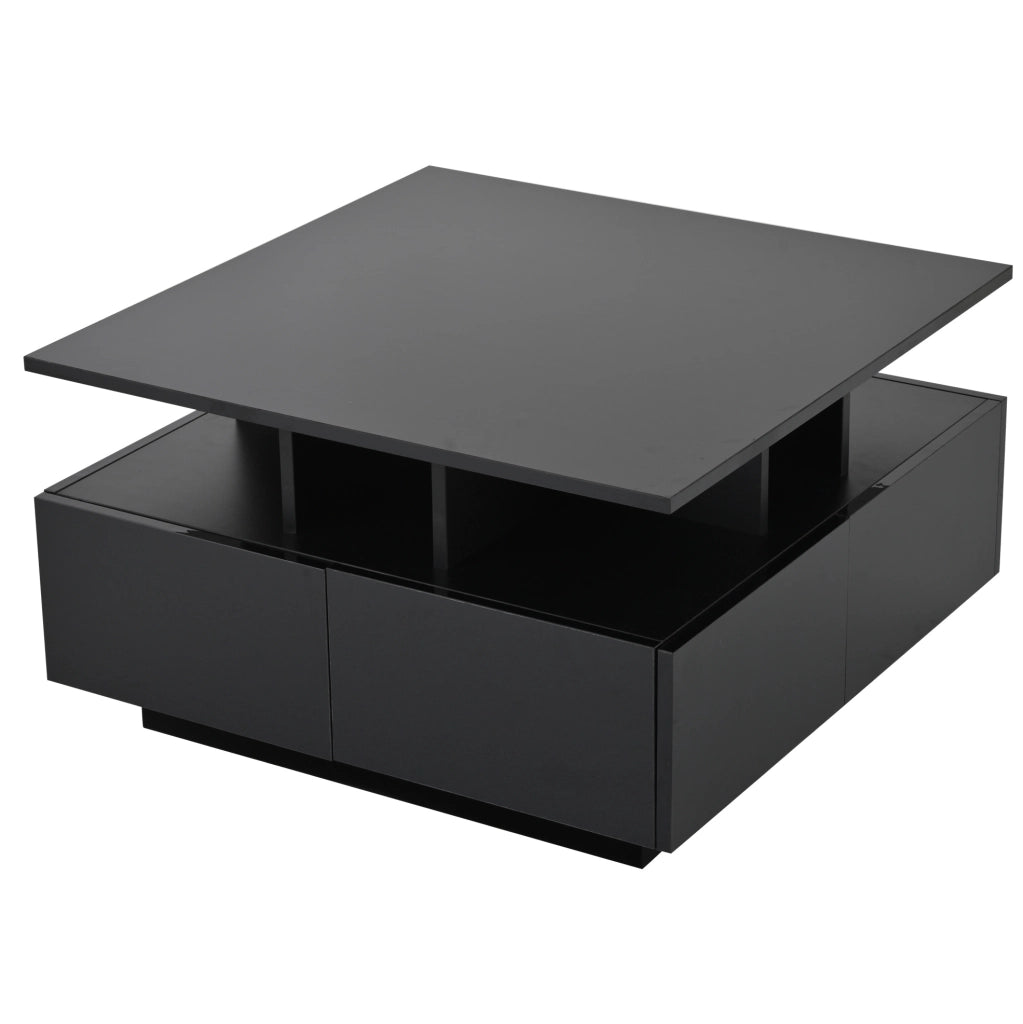 Tavolino da salotto nero lucido 70x70x40 cm con LED e 4 cassetti, design geometrico, capacità di carico 30 kg