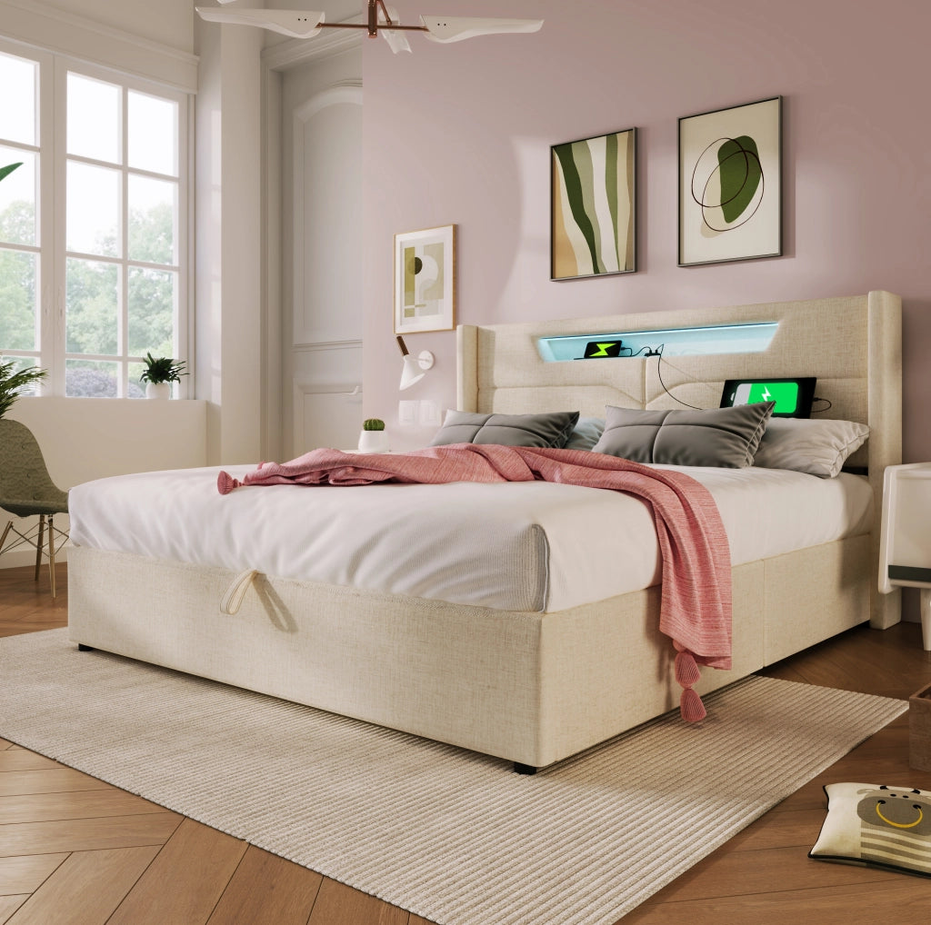 Letto matrimoniale imbottito 140x200 cm con LED; USB e Type-C; beige
