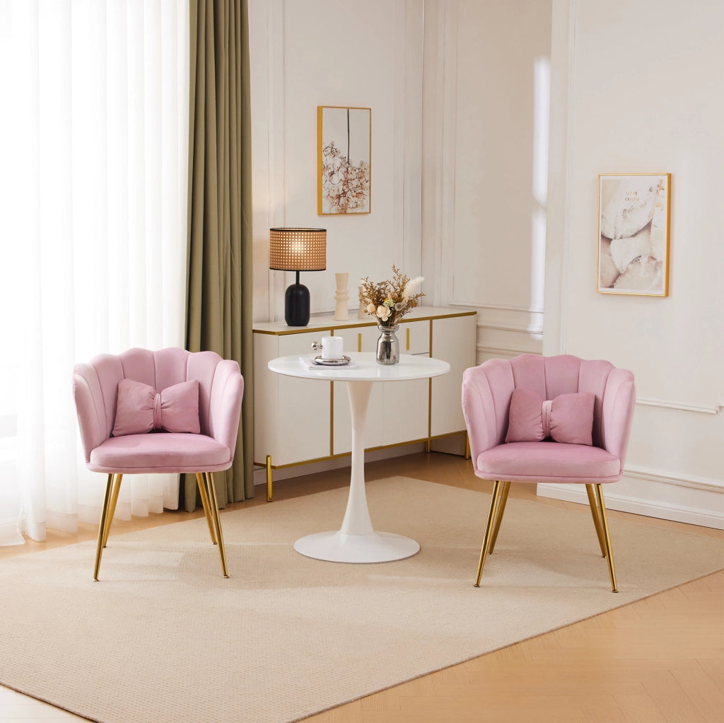 Set di 2 sedie moderne in velluto con design a foglia, gambe in metallo dorato e cuscini decorativi per soggiorno e camera da letto