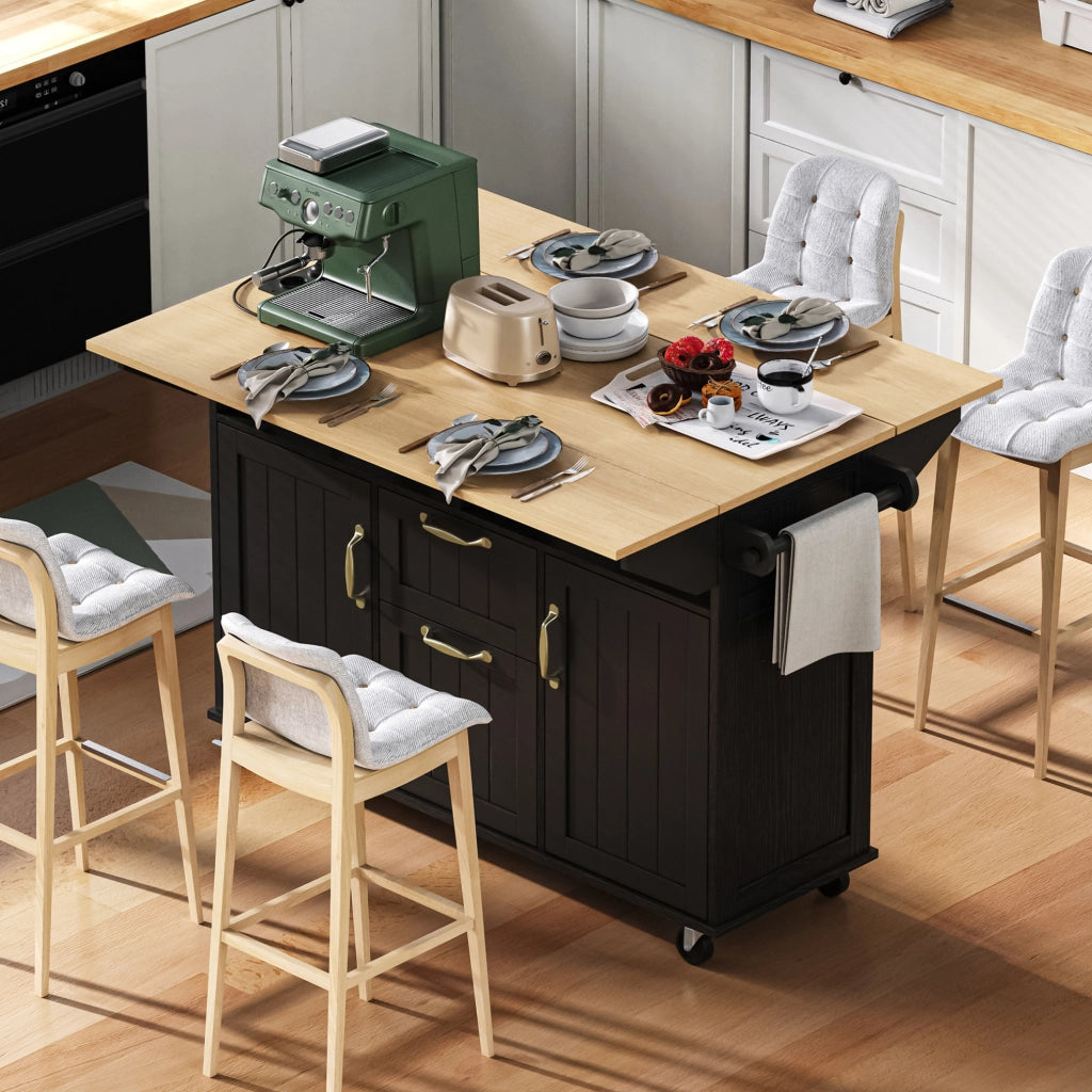 Isola cucina mobile 120x80x92 cm in MDF nero, piano estensibile e contenitori