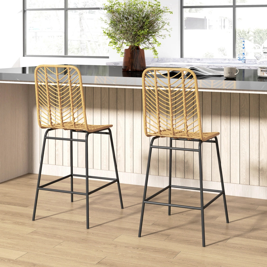 Set di 2 sgabelli da bar gialli in rattan con schienale
