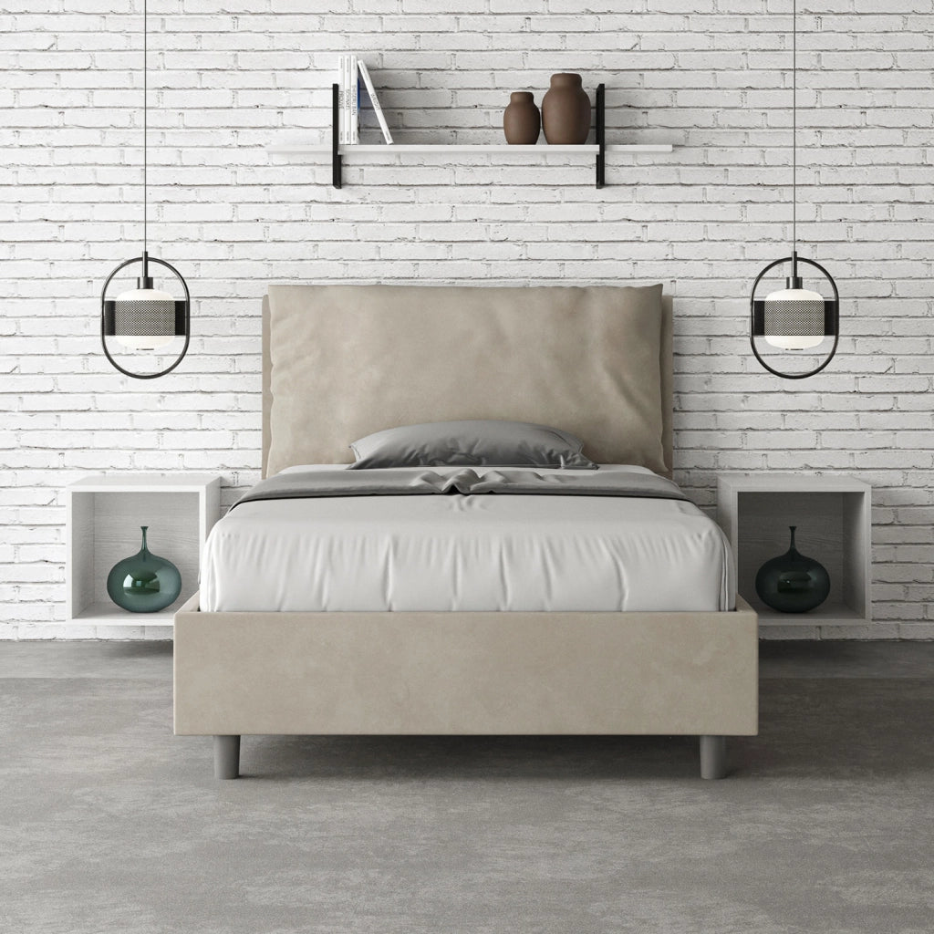 BS COM Letto una piazza e mezza con rete imbottito 110x200 microfibra sabbia