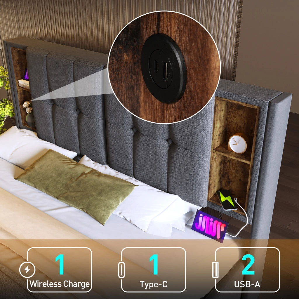 Letto contenitore 180 × 200 cm con ricarica wireless USB e USB-C testiera in cotone grigio con rete a doghe
