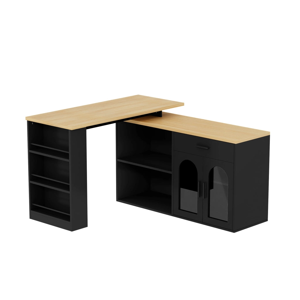 Mobile bar da cucina con piano girevole a 360°, cassetto, ripiani e ante in vetro, nero e rovere, 136 × 50 × 78 cm