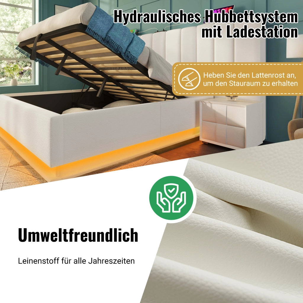 Letto matrimoniale 160×200 cm 2 posti contenitore, LED, 3 USB e porta di tipo C, materasso incluso, bianco