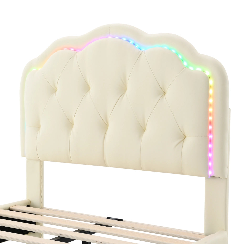 Letto singolo imbottito beige 90x200 cm con LED multicolore e testiera ondulata