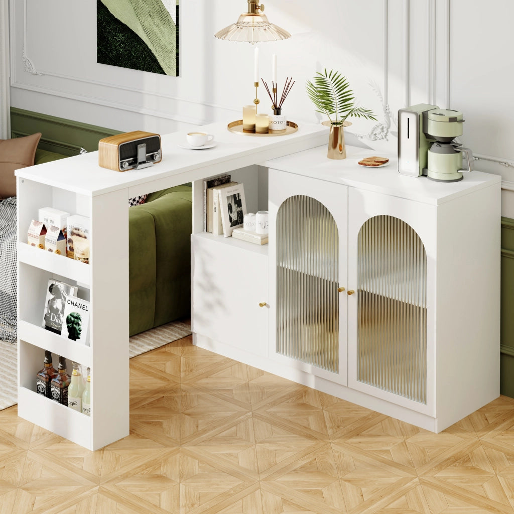 Mobile bar girevole a 360° con ante in vetro; ripiani aperti e vani chiusi; MDF bianco 120 × 40 × 97 cm