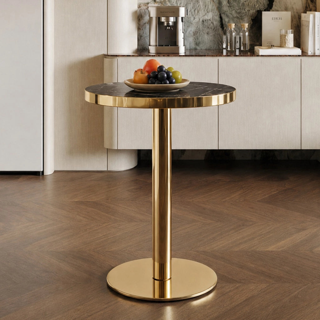 Tavolino da salotto rotondo effetto marmo nero e oro in MDF HOMVRA