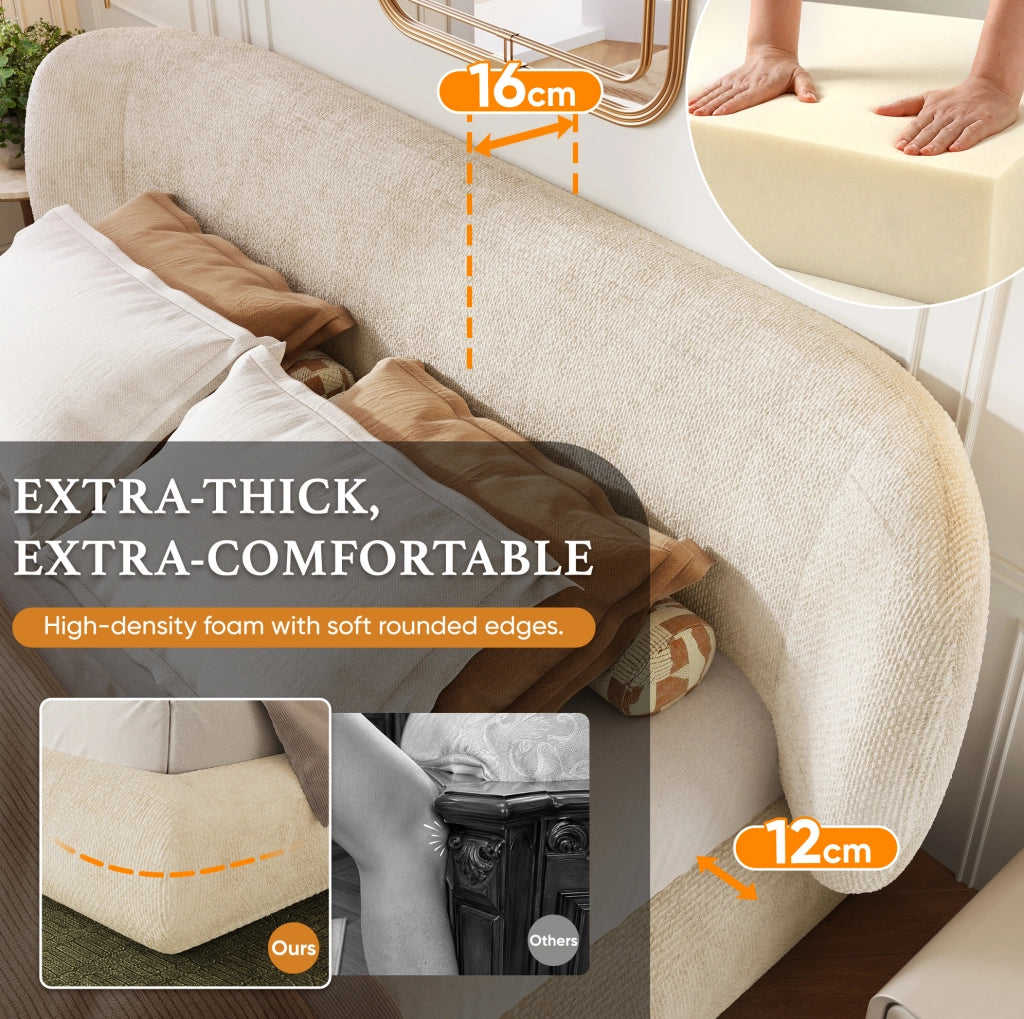 Letto matrimoniale imbottito 160x200 cm con testiera e rete a doghe in ciniglia beige