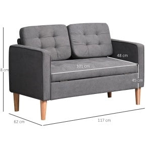 Divano 2 posti in cotone grigio con cuscini removibili e struttura in legno di gomma 117x62x78 cm
