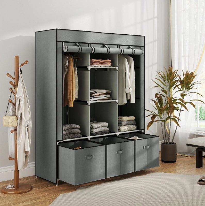 Armadio in tessuto con appendiabiti e cassetti, 125x43x162,5 cm, grigio chiaro