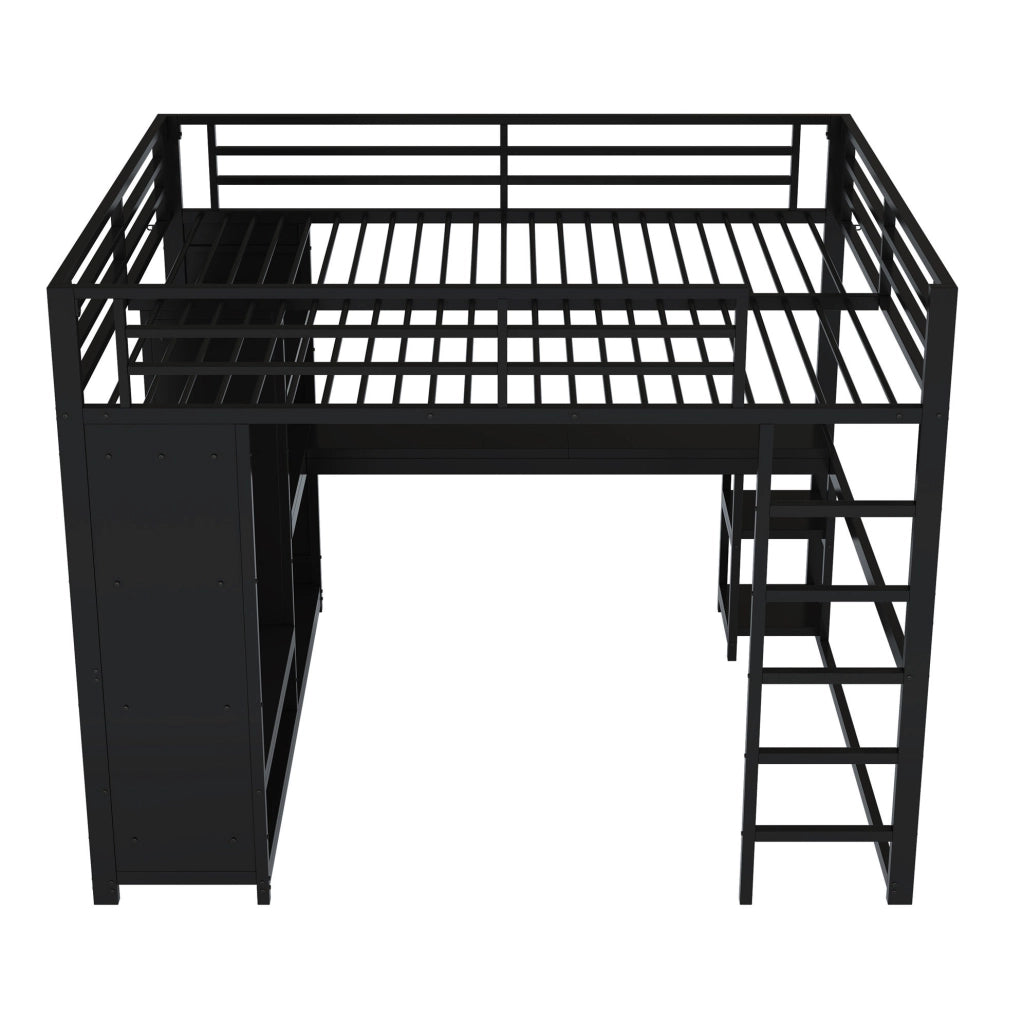 Letto a soppalco in metallo 160x200 cm con scrivania, LED e armadio aperto nero