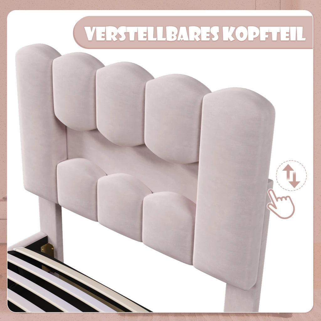 Letto Singolo Imbottito 90x200 cm in Velluto con Contenitore Idraulico; LED; Testiera; Rosa
