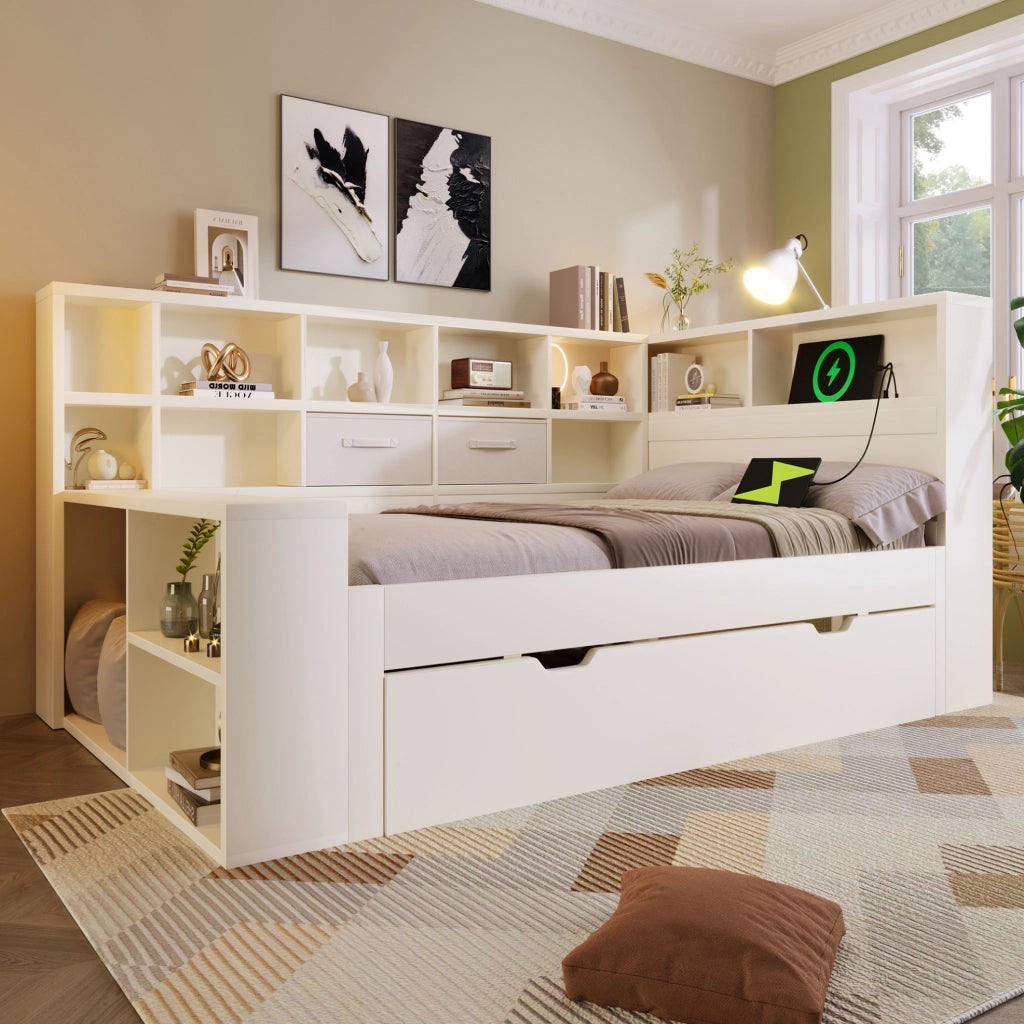 Letto singolo 90x190 cm bianco in legno con letto estraibile; ripiani su tre lati e porte USB/Type-C