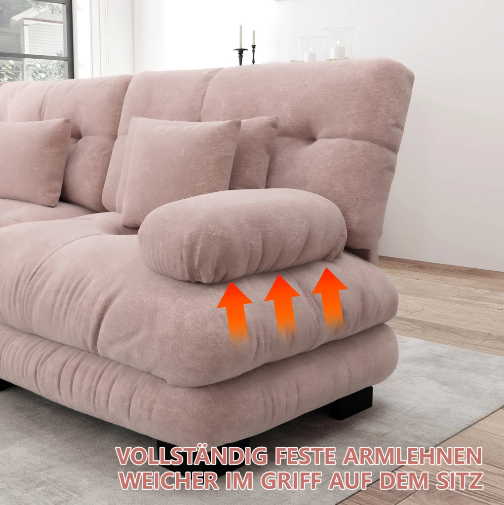 Divano modulare in ciniglia rosa con ottomane mobili; 313×145×81 cm
