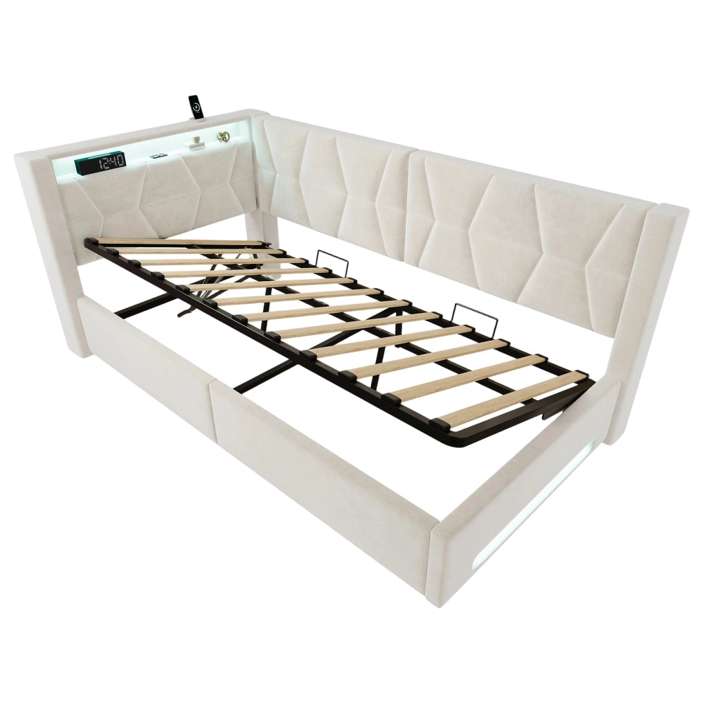 Letto singolo imbottito 90x200 cm con contenitore; LED; USB e Type-C beige