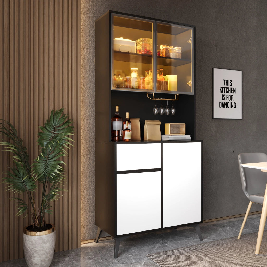 Credenza alta con 4 ante, 1 cassetto e LED integrata - per cucina e soggiorno - 80×40×180 cm