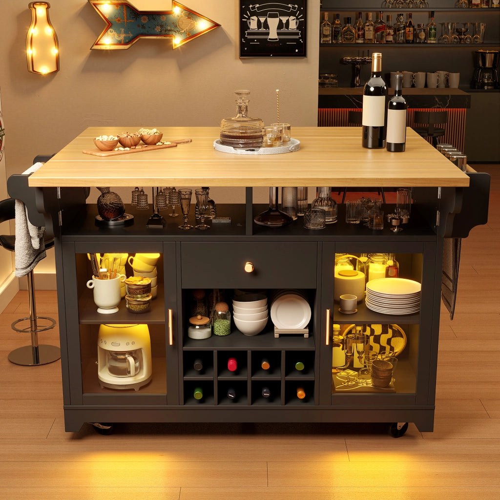 Carrello da cucina con ripiani regolabili, portabottiglie e piani pieghevoli, LED RGB, nero, 120 × 80 × 95 cm