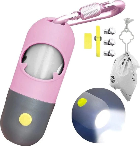 Dispensatore di sacchetti per cani con luce LED integrata e clip metallica per cintura - Rosa - Contenitore per rifiuti di animali domestici - Accessorio per cani per uscite
