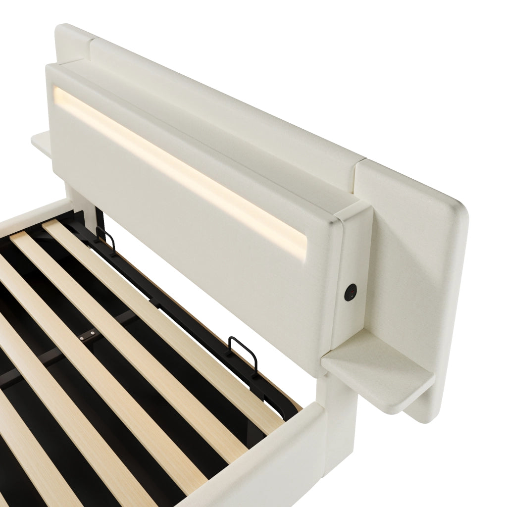 Letto con contenitore 140 × 200 cm imbottito con rivestimento in lino LED multicolore comodino integrato USB beige