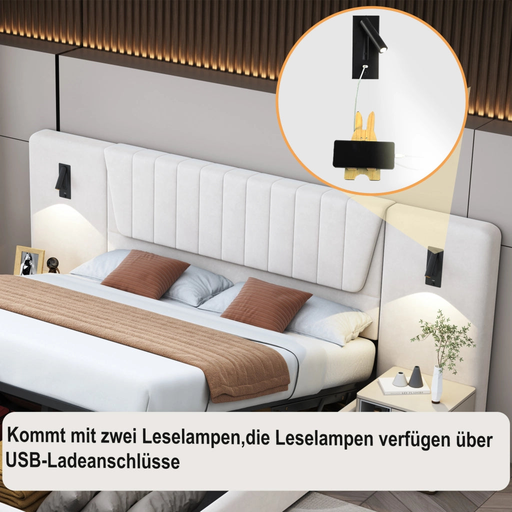 DESMIU Letto Matrimoniale 180 × 200 cm con contenitore idraulico, lampade da lettura, USB, senza materasso, in velluto, beige