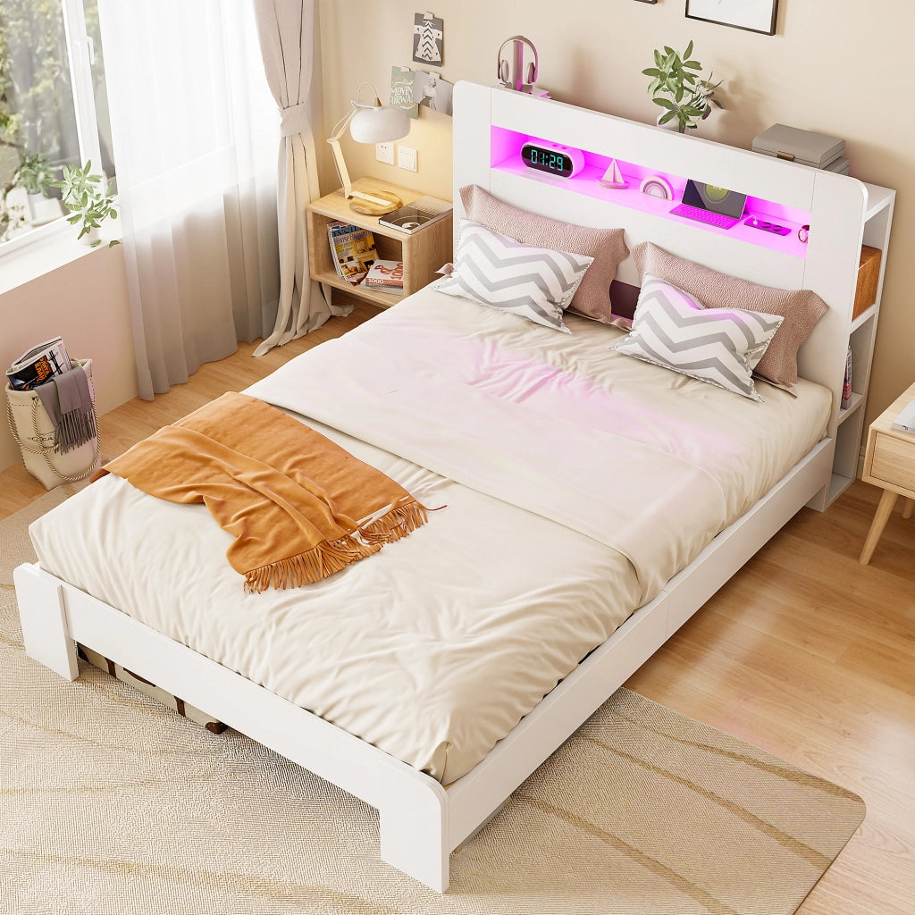 Struttura Letto in Legno Bianco 140x200 cm con Testiera Portaoggetti; LED e Prese Integrate