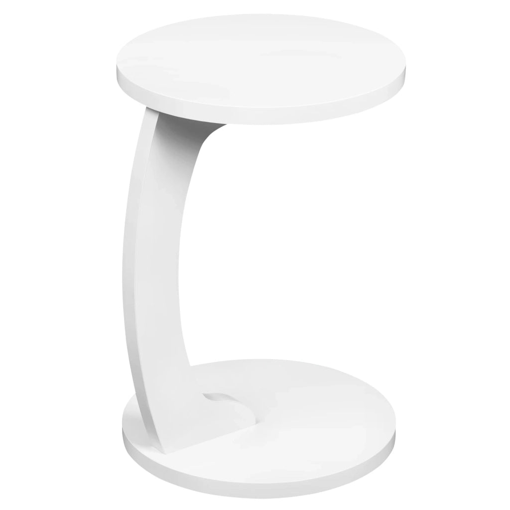 Tavolino da divano rotondo a C in MDF bianco con ripiano sospeso per soggiorno e camera da letto 38 × 55 cm