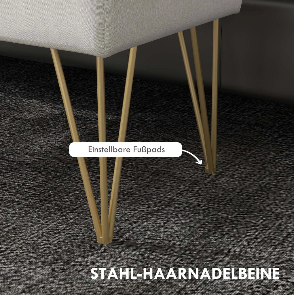 Panca contenitore imbottita in tessuto effetto lino crema con strutture in acciaio, 100 x 40 x 49 cm