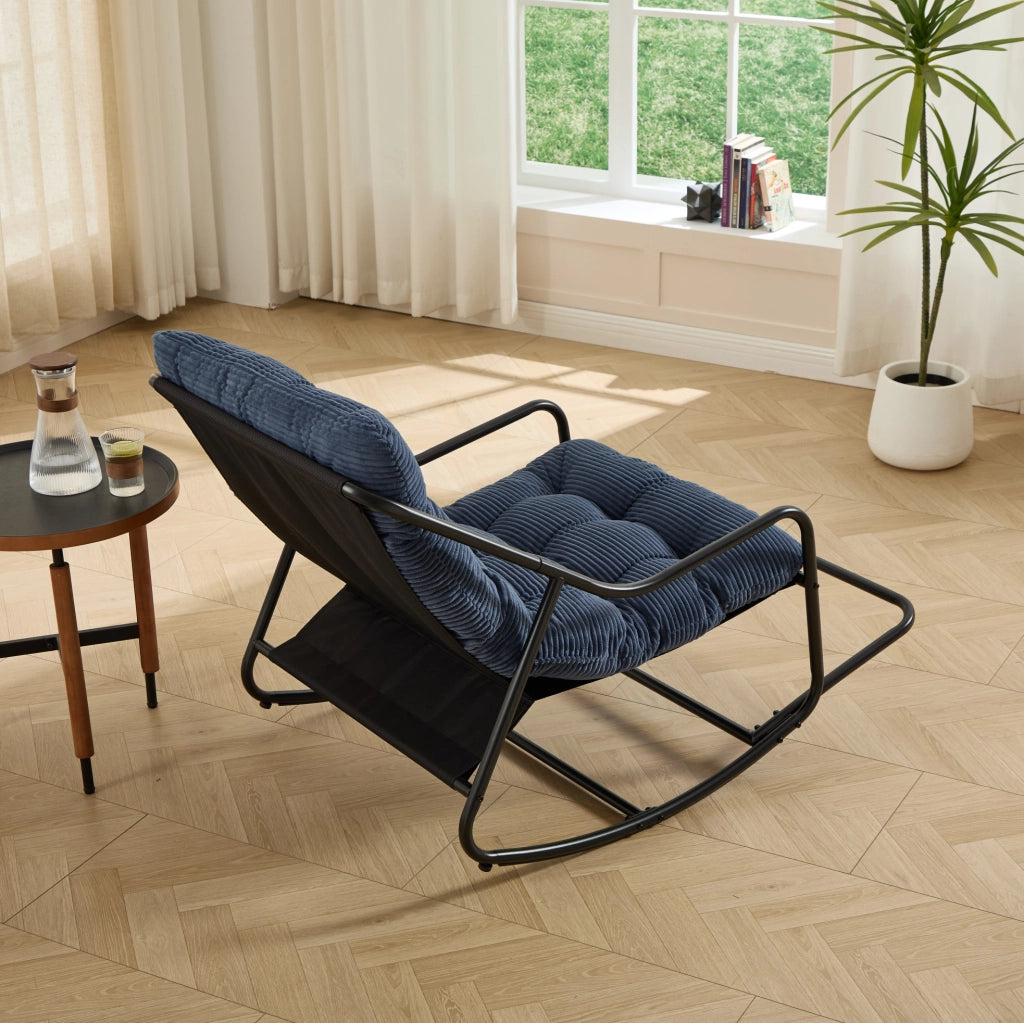 Sedia a dondolo da esterno 116x75x82 cm in acciaio nero con cuscino blu navy