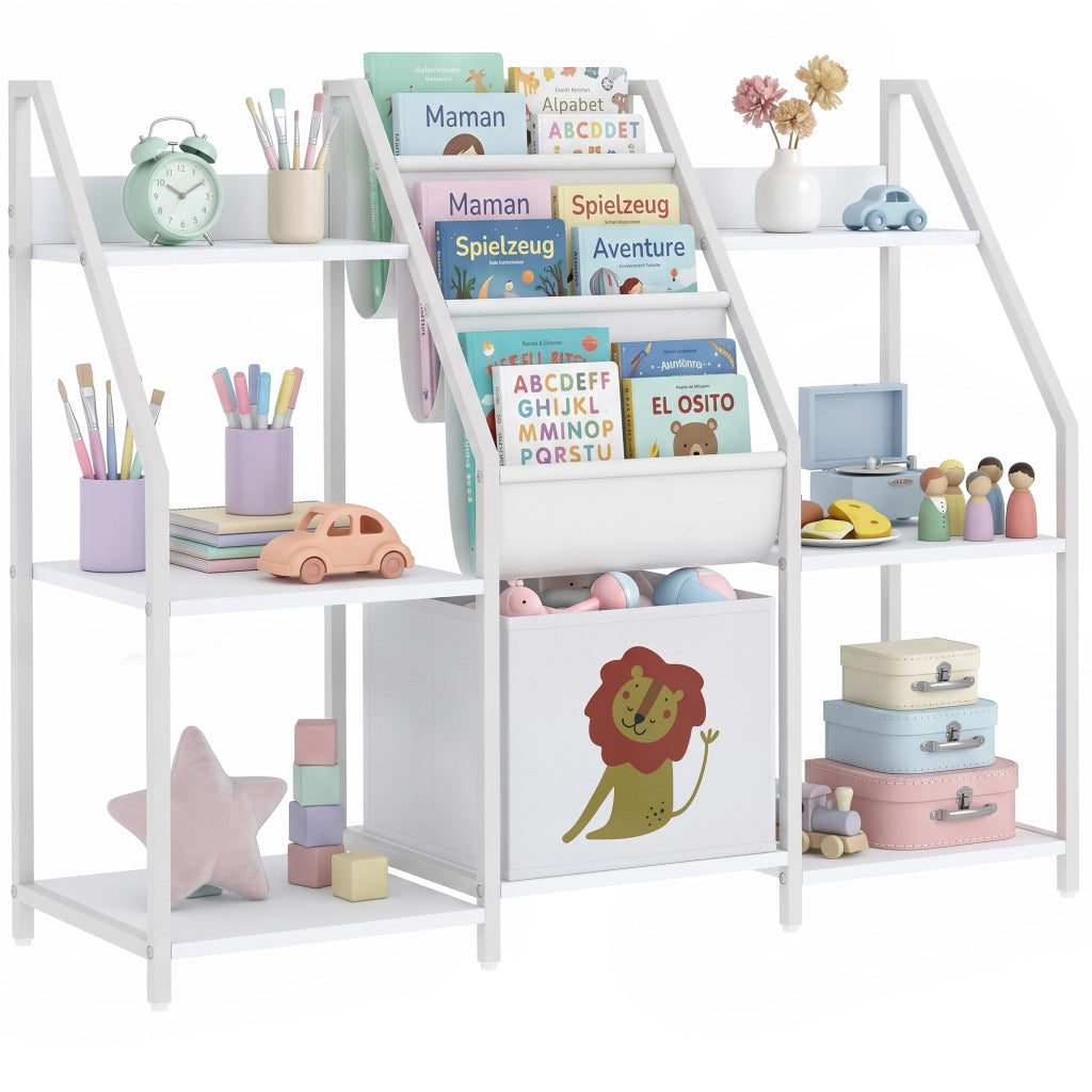 Libreria Montessoriana per Bambini 3-8 Anni con 3 Ripiani in Tessuto, Scomparti in Legno e Cassetto, Bianco