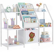 Libreria Montessoriana per Bambini 3-8 Anni con 3 Ripiani in Tessuto, Scomparti in Legno e Cassetto, Bianco