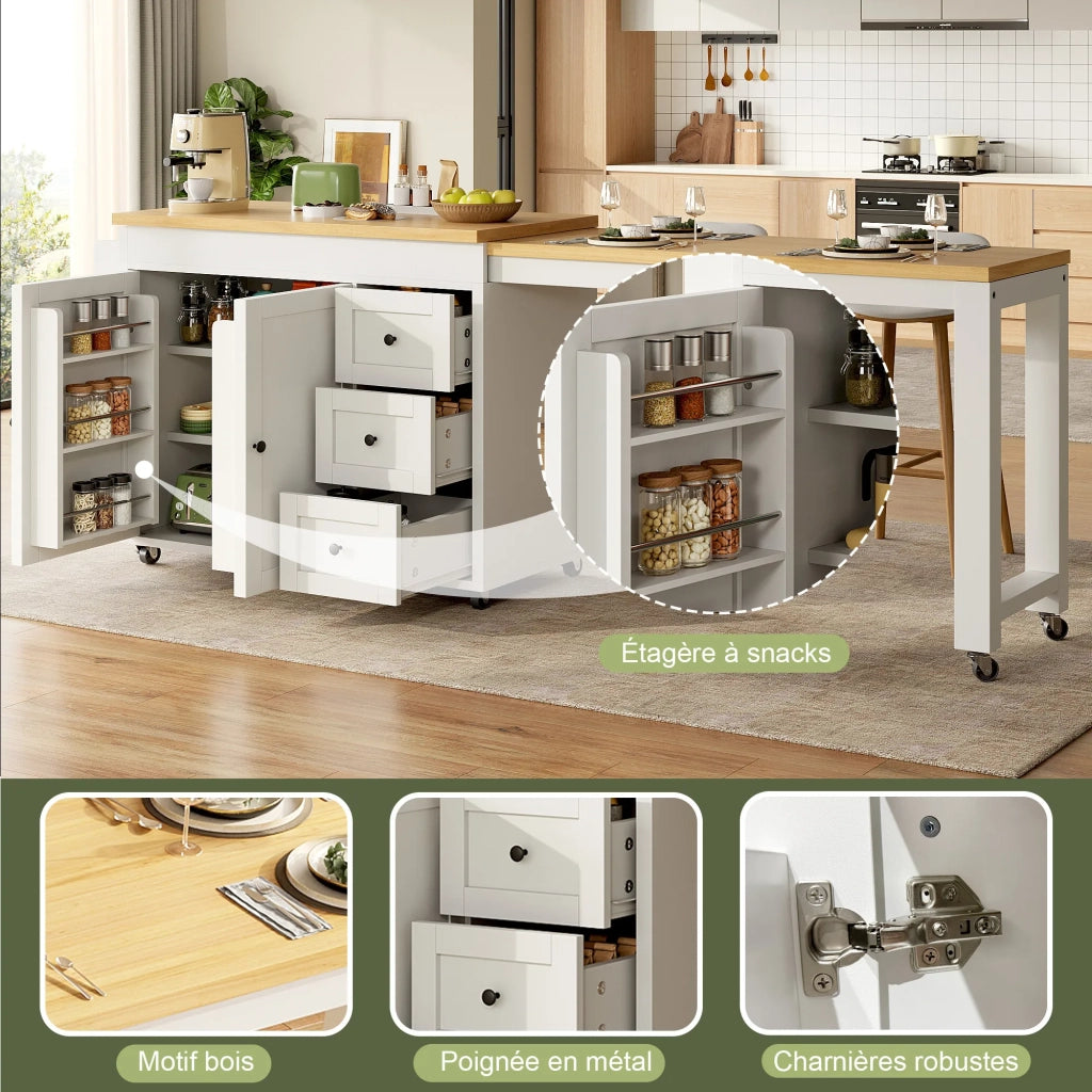 Isola da cucina estraibile con 3 cassetti, ripiani laterali e ruote, piano allungabile fino a 69,5 cm, 116–179,5 cm, bianco/nero