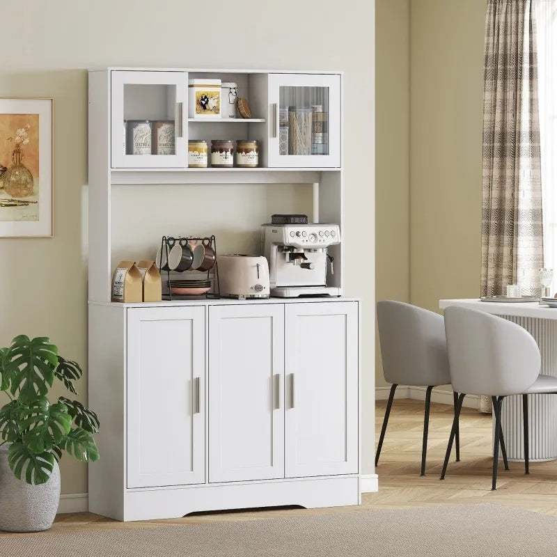 Mobile da cucina design scandinavo, 4 ante con vetri, ripiani regolabili e vano aperto, in truciolato e MDF, bianco