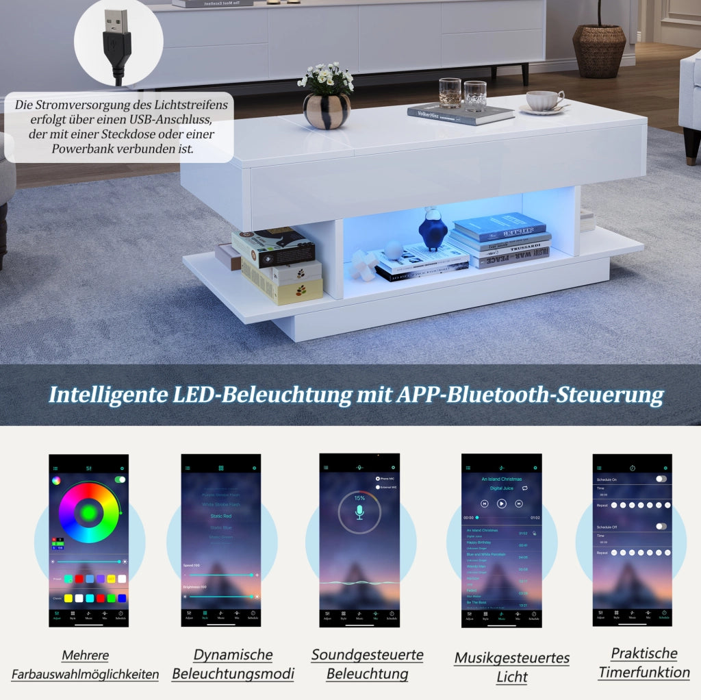 Tavolino elevabile bianco con luci LED e contenitore