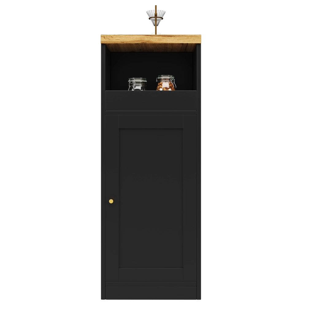 Tavolo da bar girevole 360掳 197 cm con mobile bar nero opaco; piano effetto legno; ante in vetro e LED